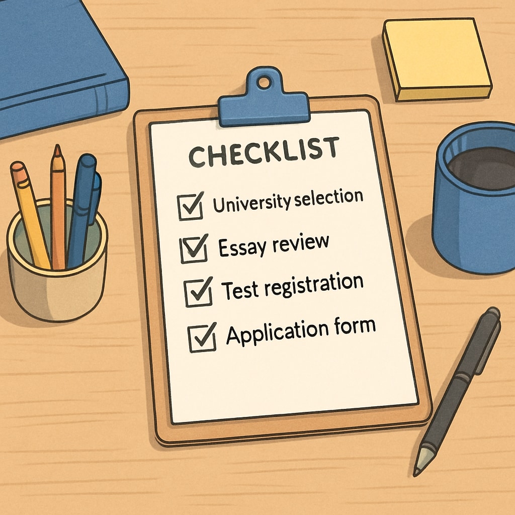 A checklist on a desk with items like “university selection” and “essay review” ticked off. Checklist of services for a U.S. master’s application.
