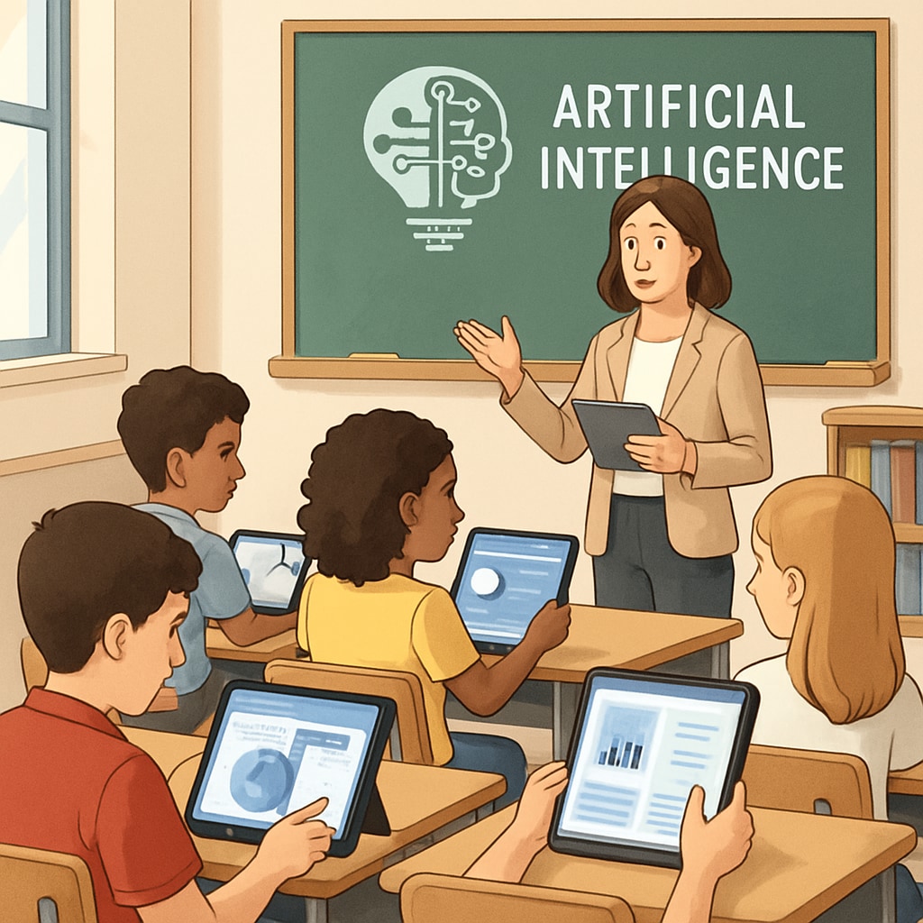 Students in a classroom using AI-powered tablets for personalized learning.