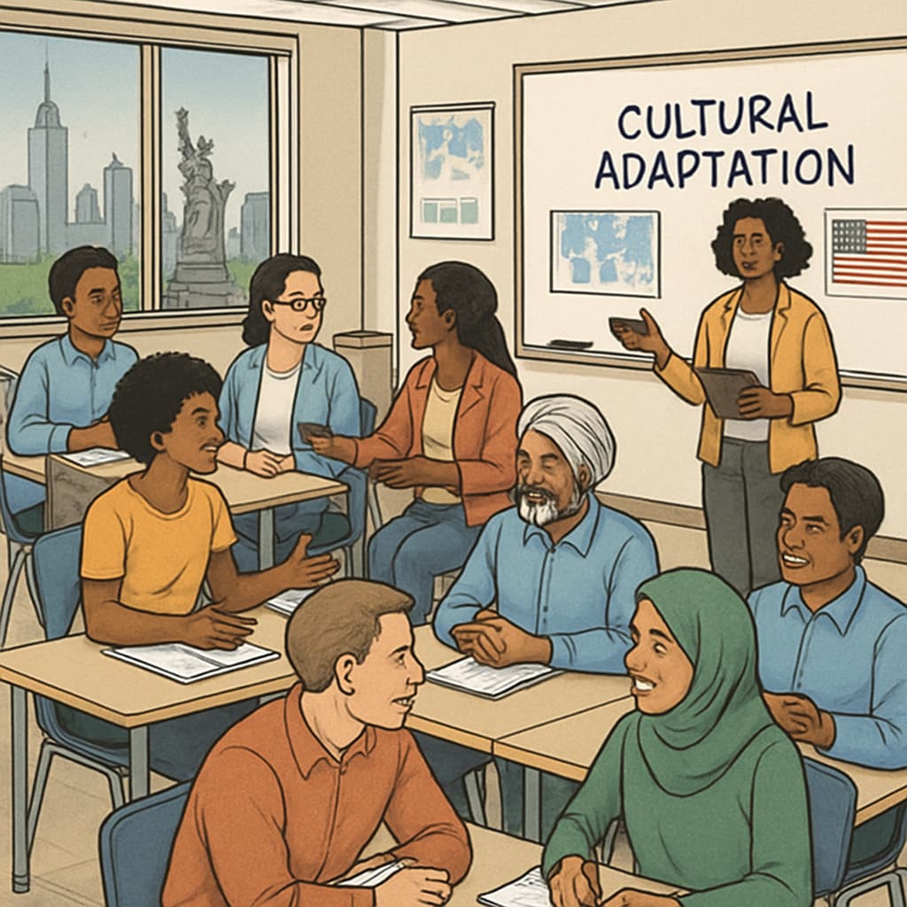 Diverse adult students in a New York classroom attending a cultural adaptation workshop.