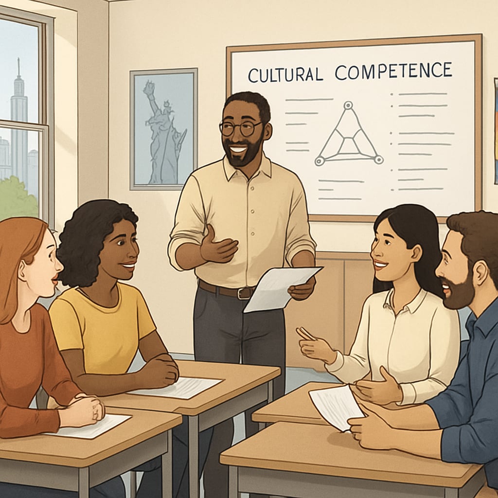 An instructor teaching cultural competence to adult learners in a New York classroom.