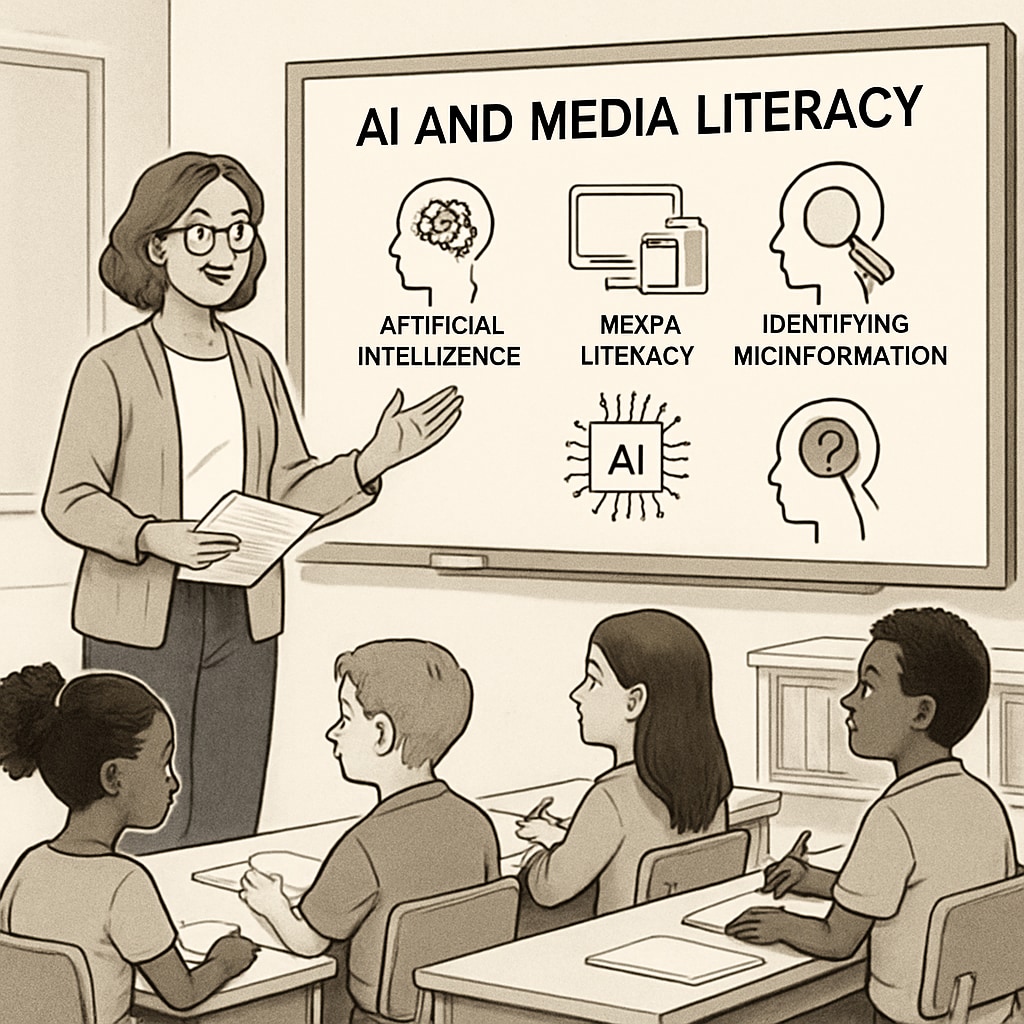Teacher introducing an AI-enhanced media literacy activity to students.
