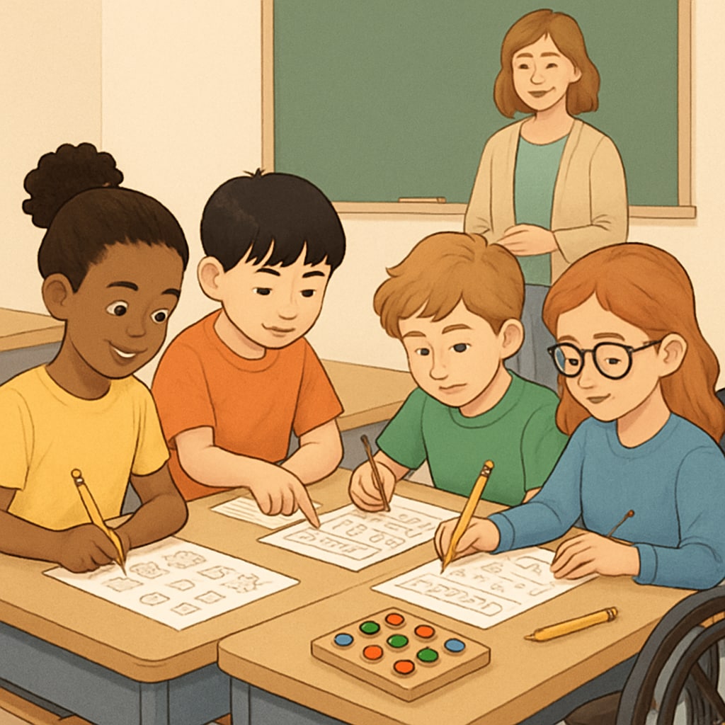 Children taking a cognitive abilities test, relevant to giftedness assessment.