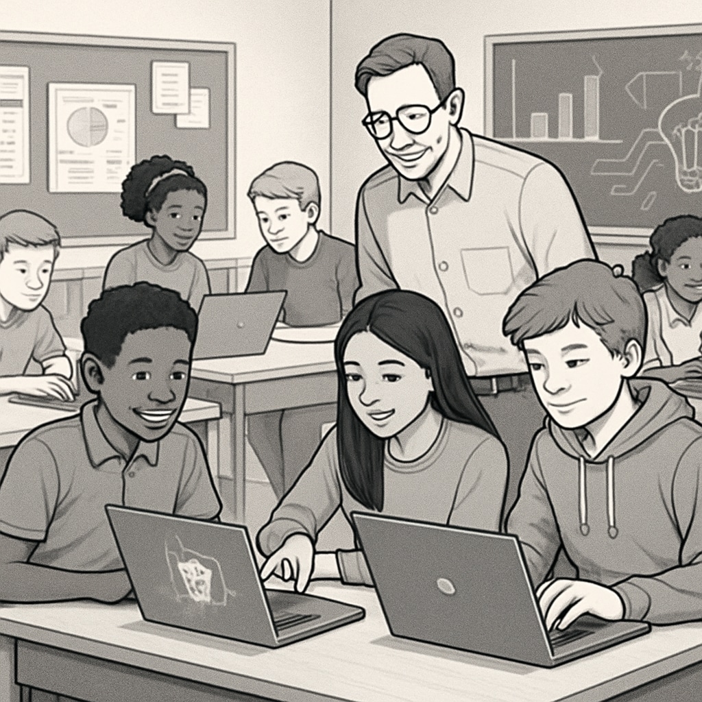 High school students working on AI media projects to improve media literacy.