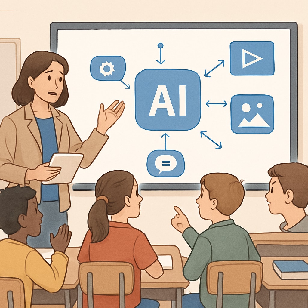 Teacher using AI tools to help students create multimedia media literacy projects.