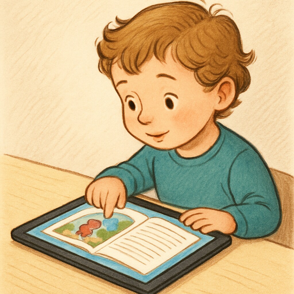 A child using a digital storybook app designed for young readers.