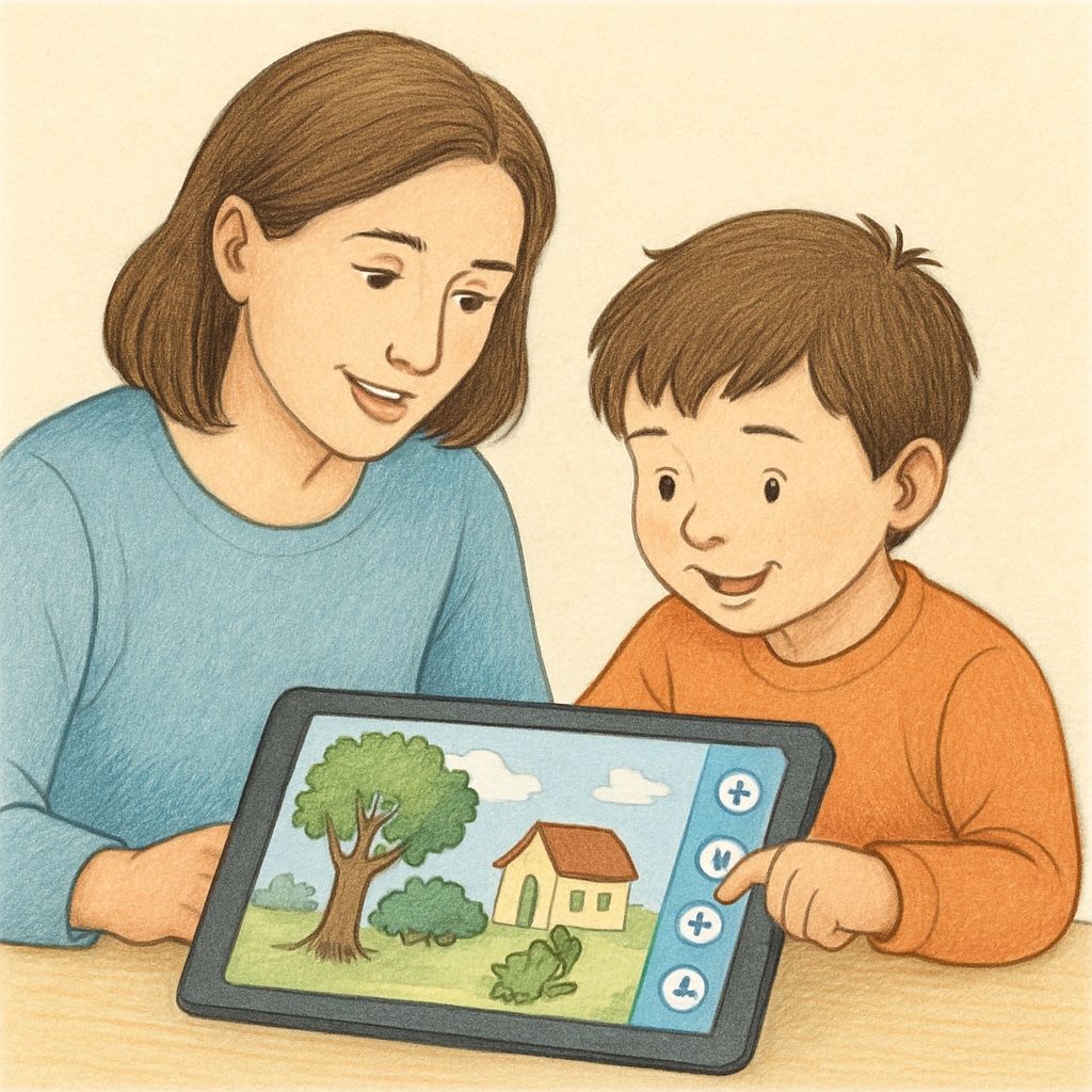 Parent and child using a storybook app together.
