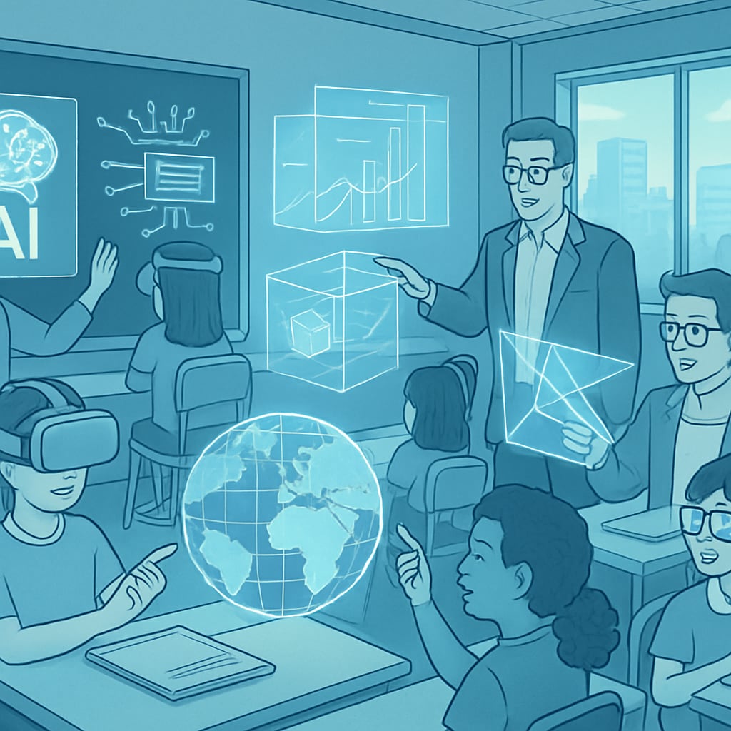 AI-driven global classroom with immersive technologies transforming K12 education.
