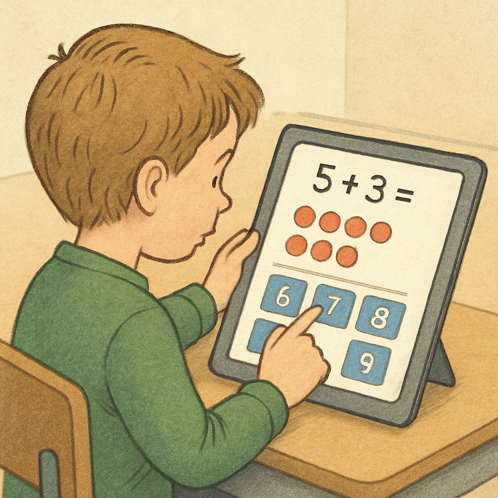 Child engaging with math through a digital app, emphasizing learning methods.