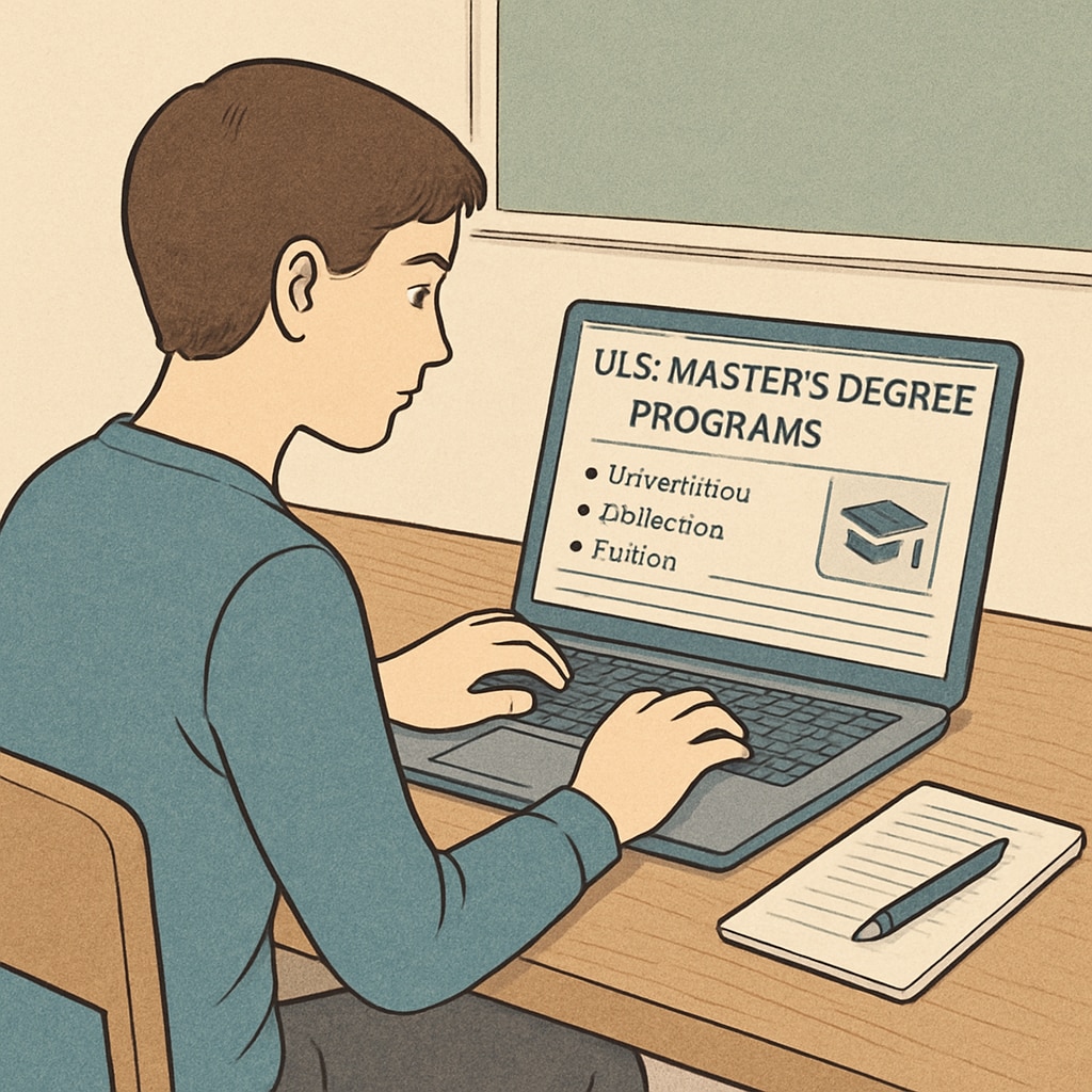 A student researching U.S. master’s degree programs on a laptop with a notepad and pen on the desk. A student researching U.S. master’s degree programs, illustrating application preparation.