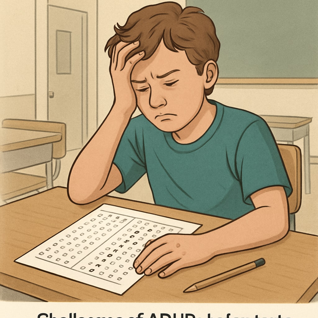 A standardized test paper with a student appearing frustrated, illustrating the challenges faced by ADHD students during such assessments. Student struggling with standardized testing, highlighting ADHD challenges.