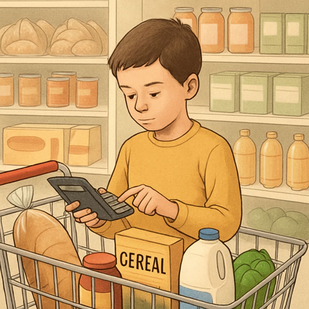 A child using a calculator while shopping, representing real-world math application. Child shopping with a calculator, showcasing real-world math usage.