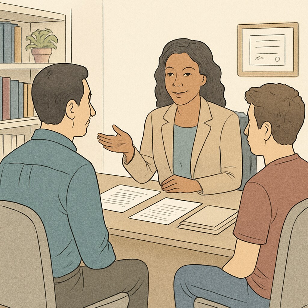 A parent and student discussing educational goals with a college counselor in an office setting. A parent and student planning for U.S. master’s applications with a counselor’s guidance.