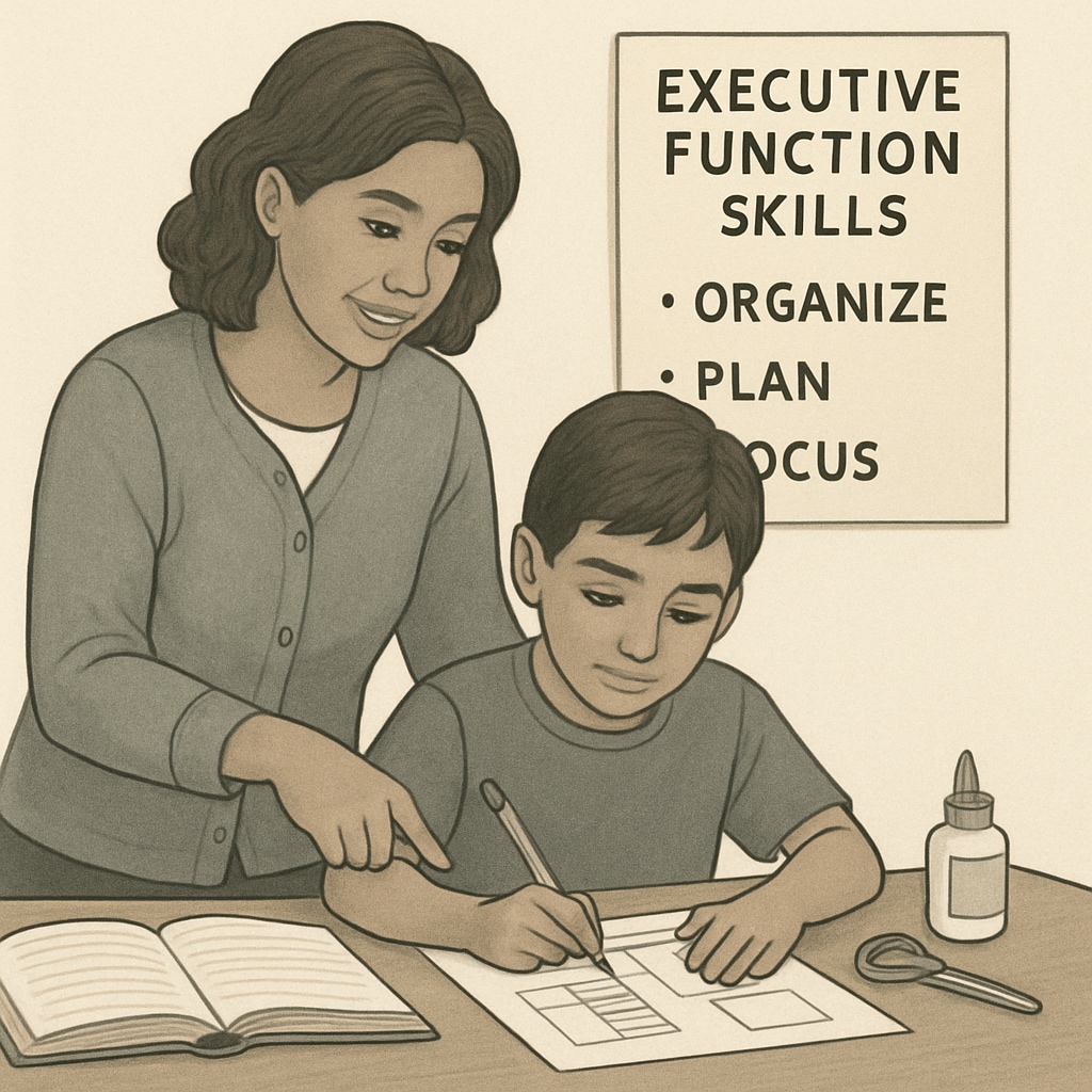 Parent helping child with school project, highlighting executive function skills.