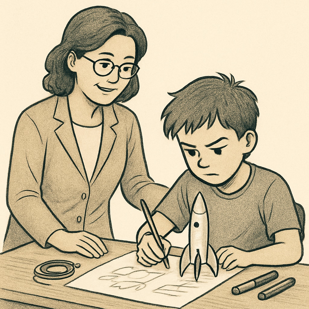 A teacher observing a student deeply engaged in a creative project, highlighting the strengths of twice-exceptional learners. Teacher supporting a twice-exceptional student in a creative task.