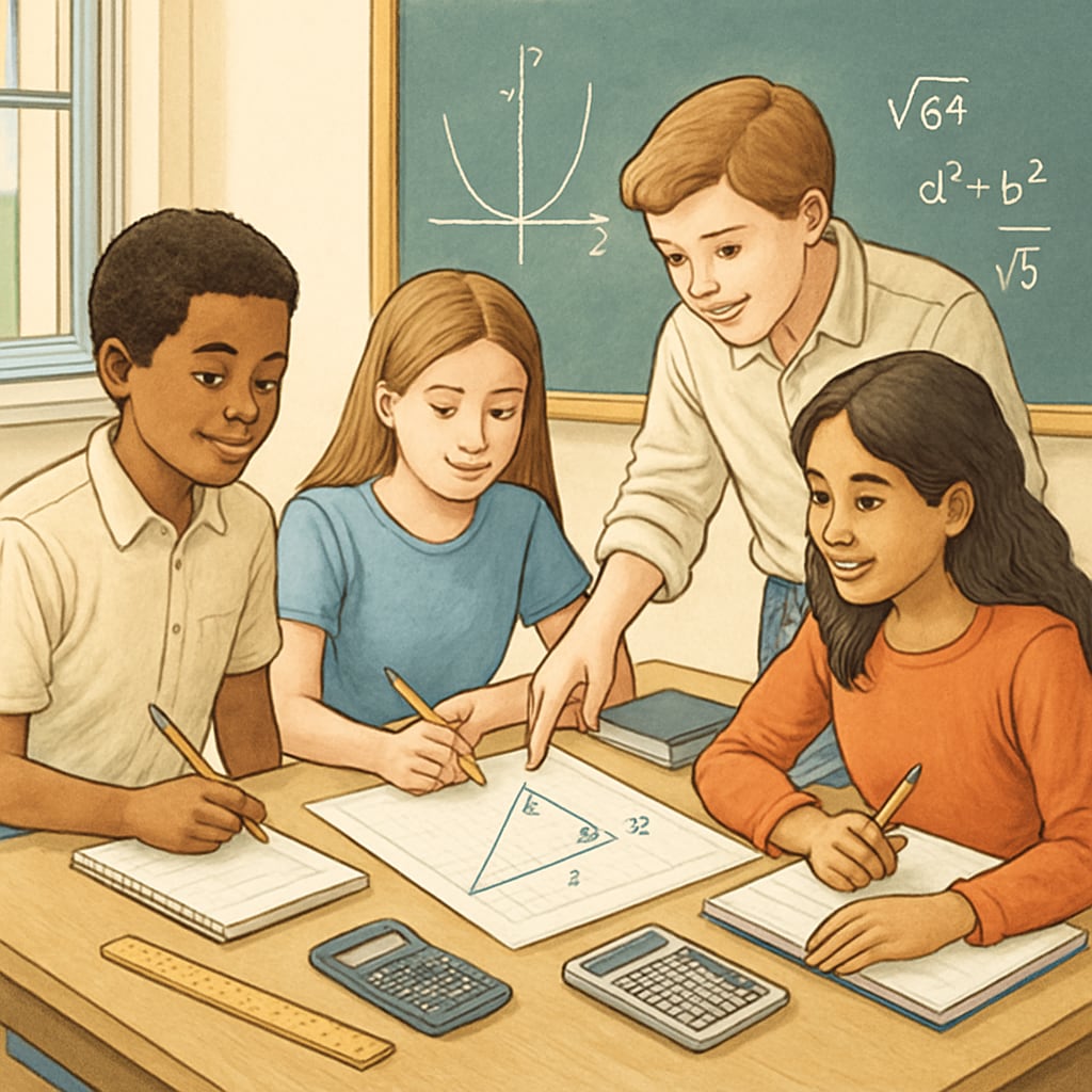 Students working together on a math project, symbolizing collaboration and positive learning. Group of students collaboratively solving math problems.