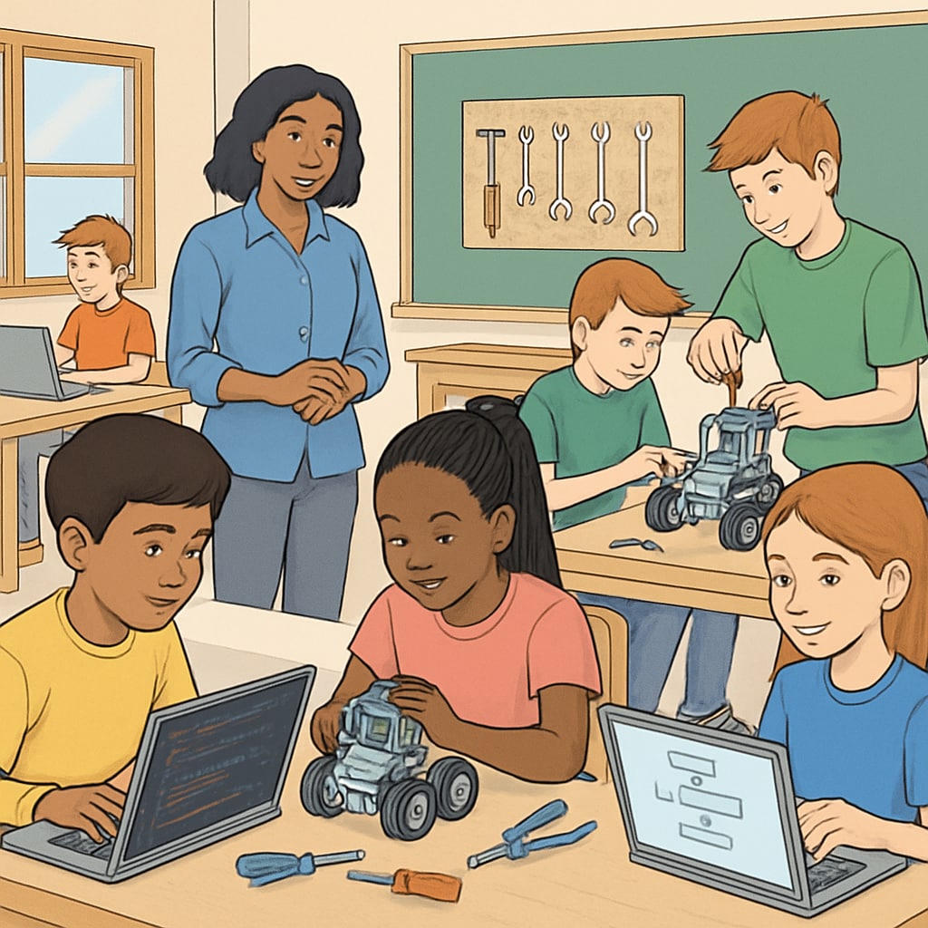 A classroom showcasing students actively engaged in technical projects such as robotics or coding, highlighting the integration of CTE skills with academic learning. Classroom with students working on technical projects, depicting Career and Technical Education integration.