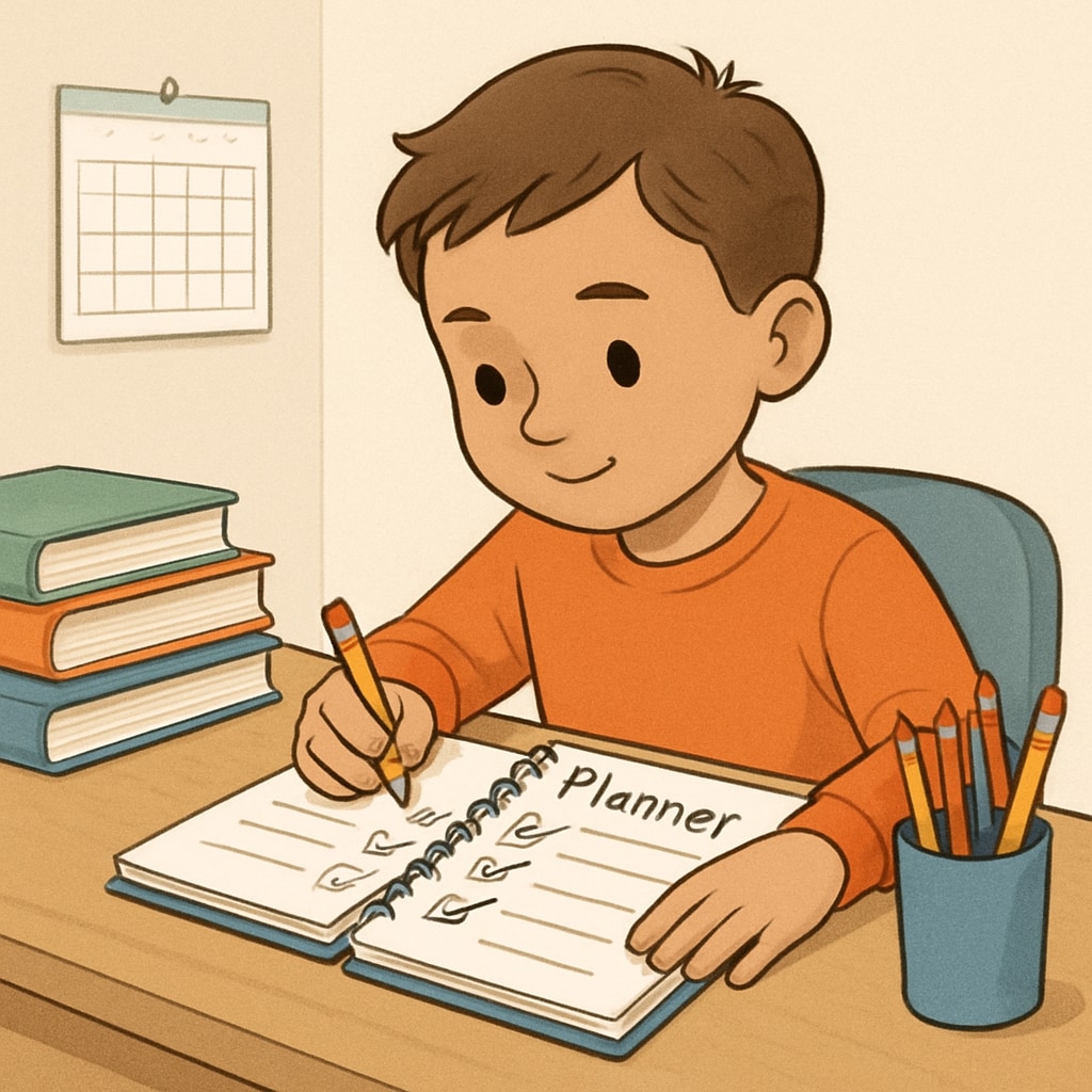 An engaging image illustrating a child using a planner or checklist to organize tasks, emphasizing executive function skills. Child using a planner to develop executive function skills in ADHD and special education.