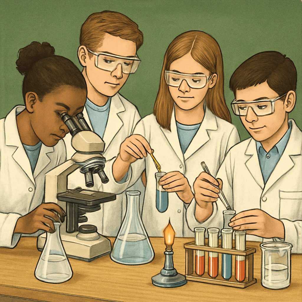 Students conducting experiments in a science lab, symbolizing the intersection of traditional academics and technical education. Science lab with students experimenting, illustrating the blend of academic and technical learning.