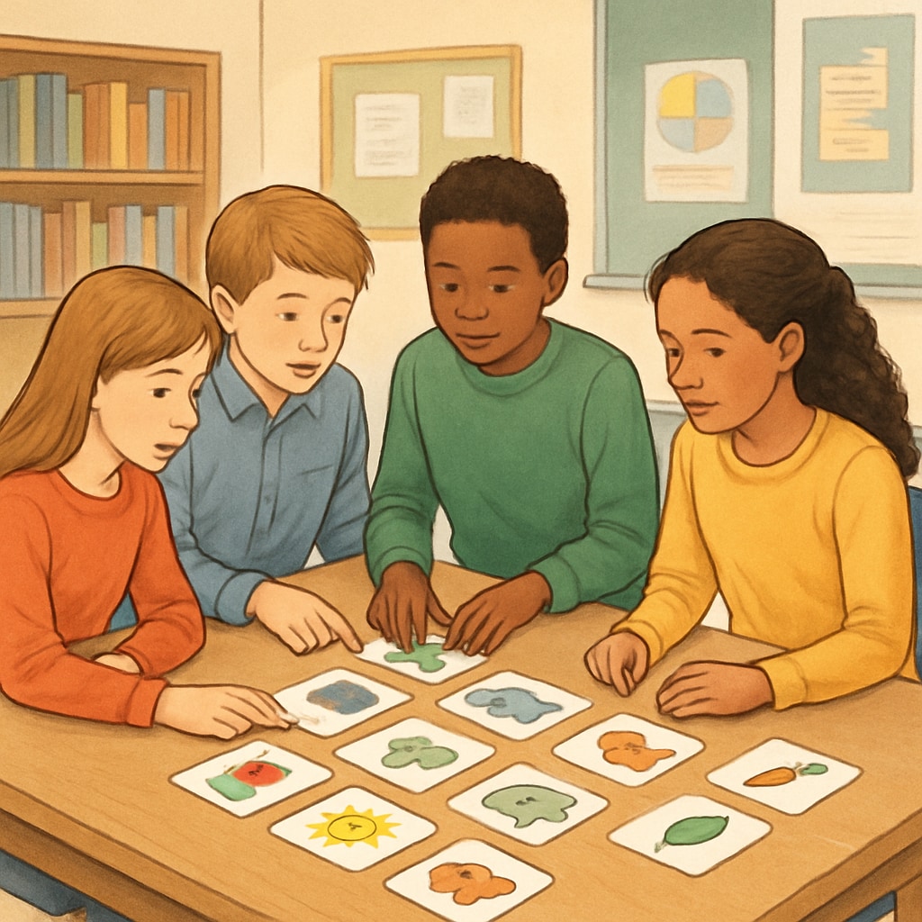 Students engaged in Zoom/ReZoom classroom activity with illustrated cards.