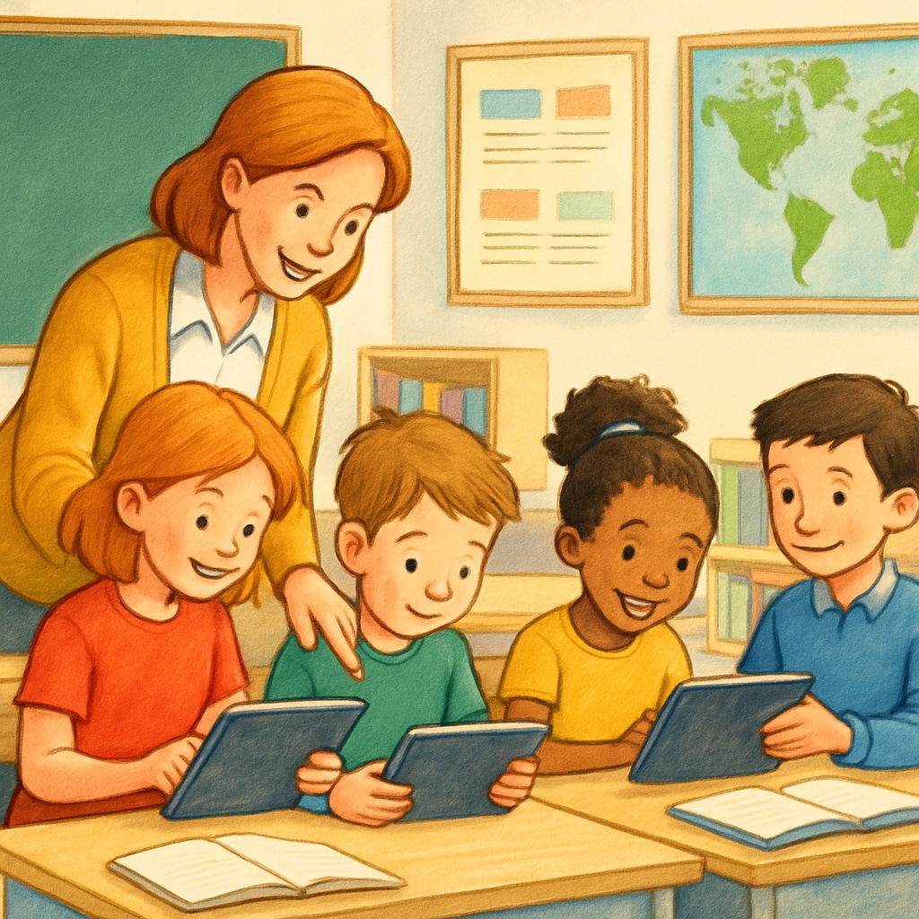 A teacher and a group of young students using tablets in a classroom setting, highlighting educational technology in action. Students and a teacher using a children's reading app on tablets in a classroom.