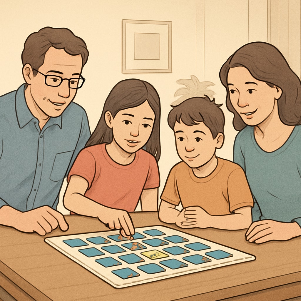 A second image showing a family engaging in a memory-based board game, reinforcing executive function skills in a fun and supportive environment. Family playing a board game to strengthen executive function skills in ADHD and ASD children.