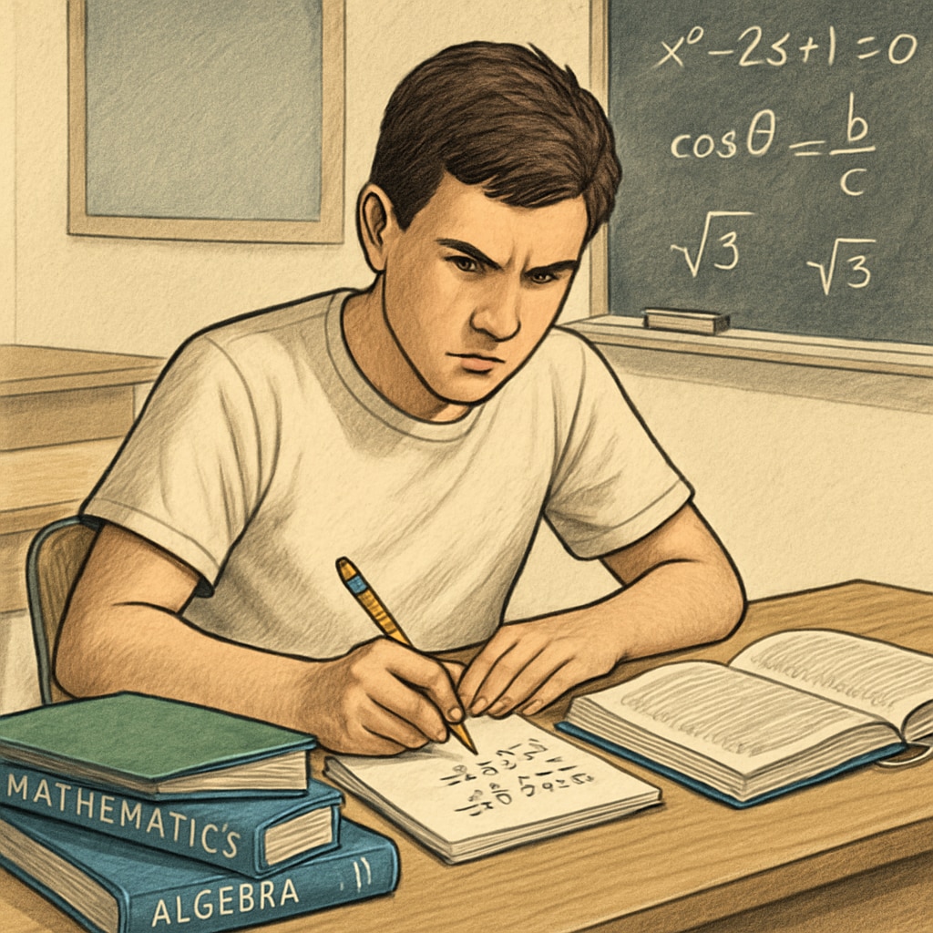 A high school student studying math at a desk, looking determined and focused, symbolizing preparation and overcoming challenges. High school student studying math to overcome math anxiety and exam pressure.