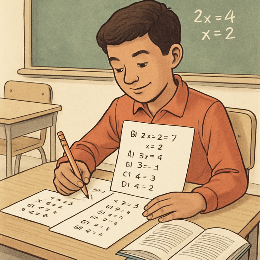 A student confidently solving multiple-choice math questions during an exam, representing practical strategies in action. Student solving multiple-choice questions to manage exam pressure effectively.