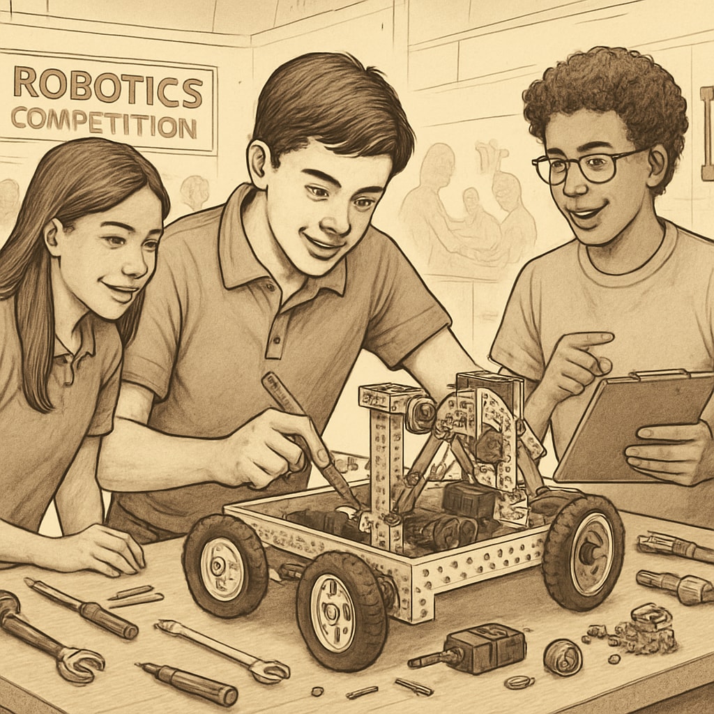 High school student participating in a robotics competition for design engineering skill development.