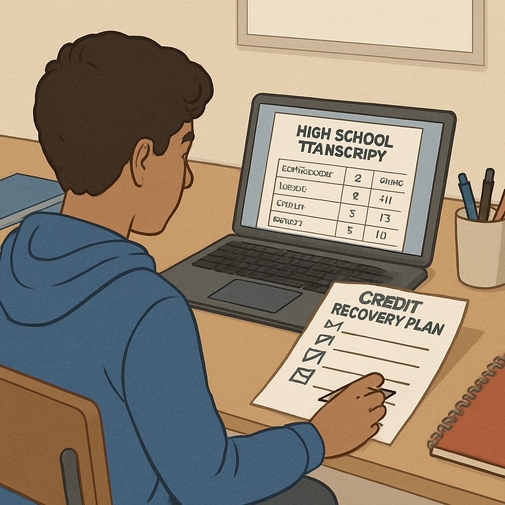 High school student reviewing transcript and planning credit recovery.