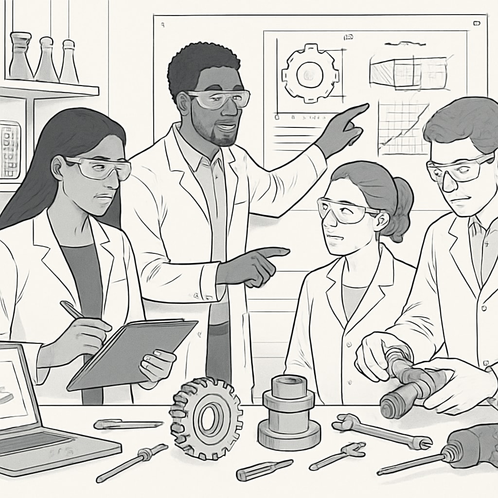 Graduate students working in a lab, showcasing teamwork and professional design engineering skills.