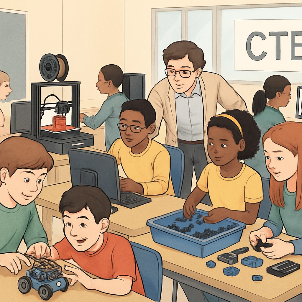 A classroom equipped with technical tools and students engaged in hands-on learning, illustrating the integration of CTE into K-12 education. Classroom with students learning technical skills, showcasing Career Technical Education in schools.