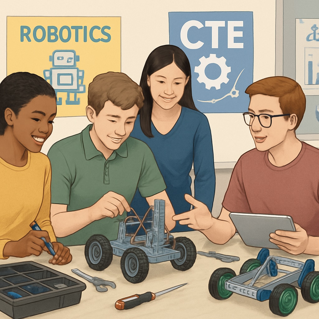 Students participating in a robotics workshop as part of a blended CTE and academic program, demonstrating interdisciplinary learning. Robotics workshop showing the integration of technical and academic education.