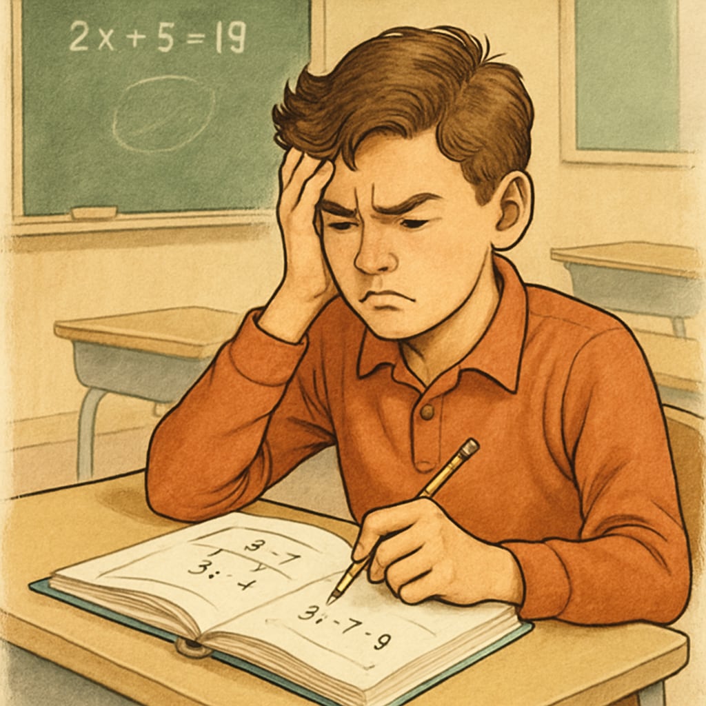 A high school student sitting at a desk, looking frustrated while solving a math problem. A student struggling with math anxiety and exam pressure.