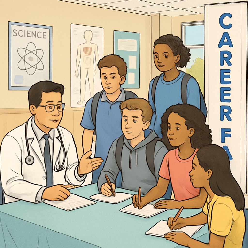 A group of high school students interviewing a doctor during a career fair, showcasing active student engagement in learning about medical careers. Students interviewing a doctor during a career fair about medicine career paths