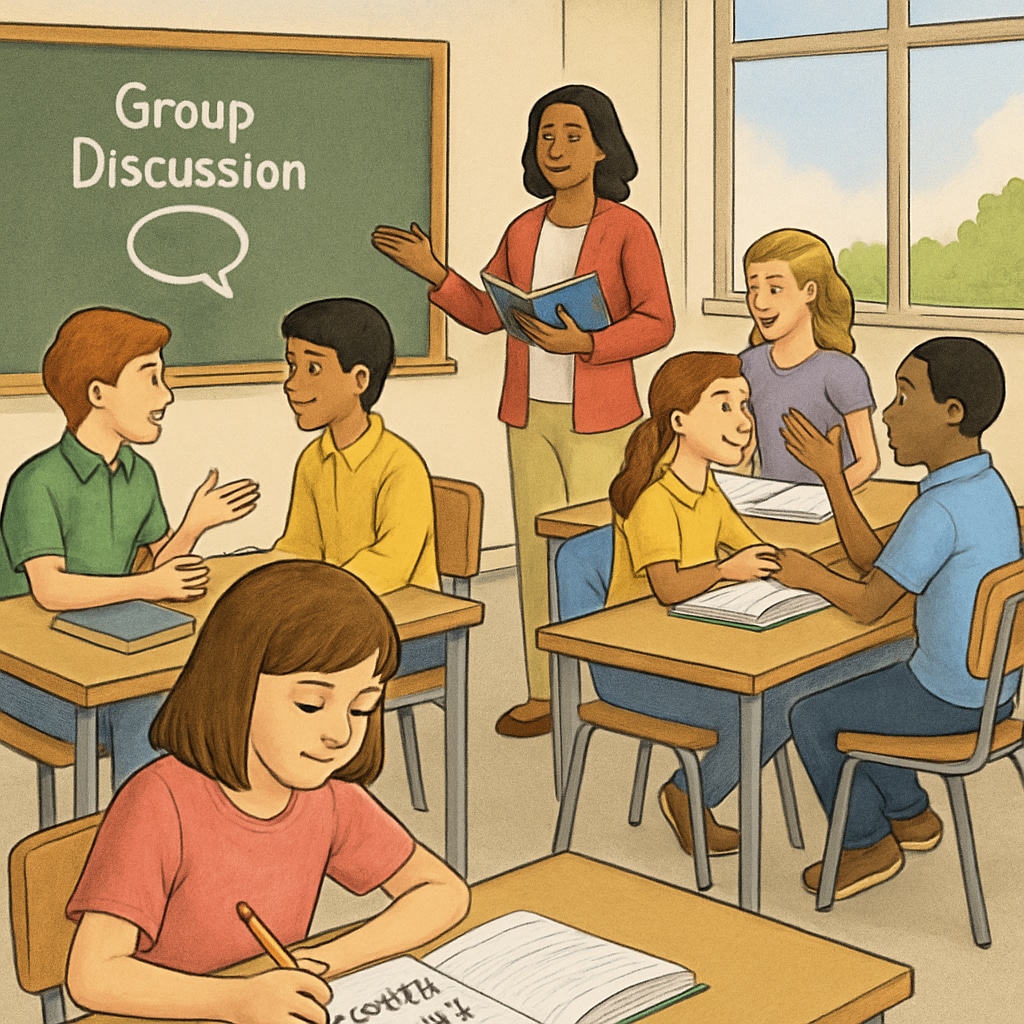 A modern classroom setting showing students engaged in language activities like group discussions and creative writing, illustrating principles inspired by Students in a classroom practicing language exercises, reflecting interactive and creative teaching methods.