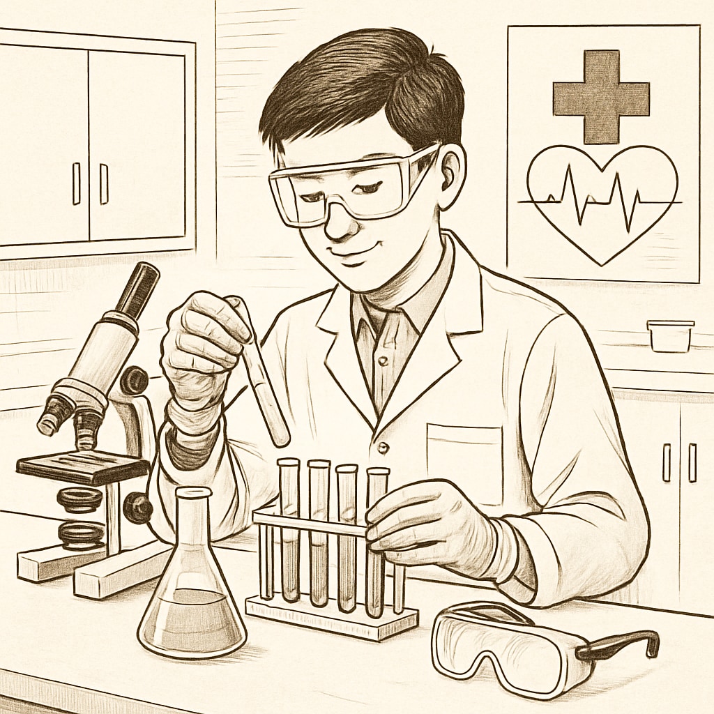 A high school student conducting a lab experiment related to healthcare innovation, emphasizing practical exposure to medical science. A student conducting a healthcare-related lab experiment as part of school programs