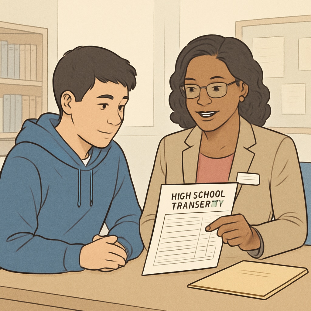 A student sitting with a school counselor, reviewing a high school transcript. High school student discussing academic progress with a counselor to catch up on credits.