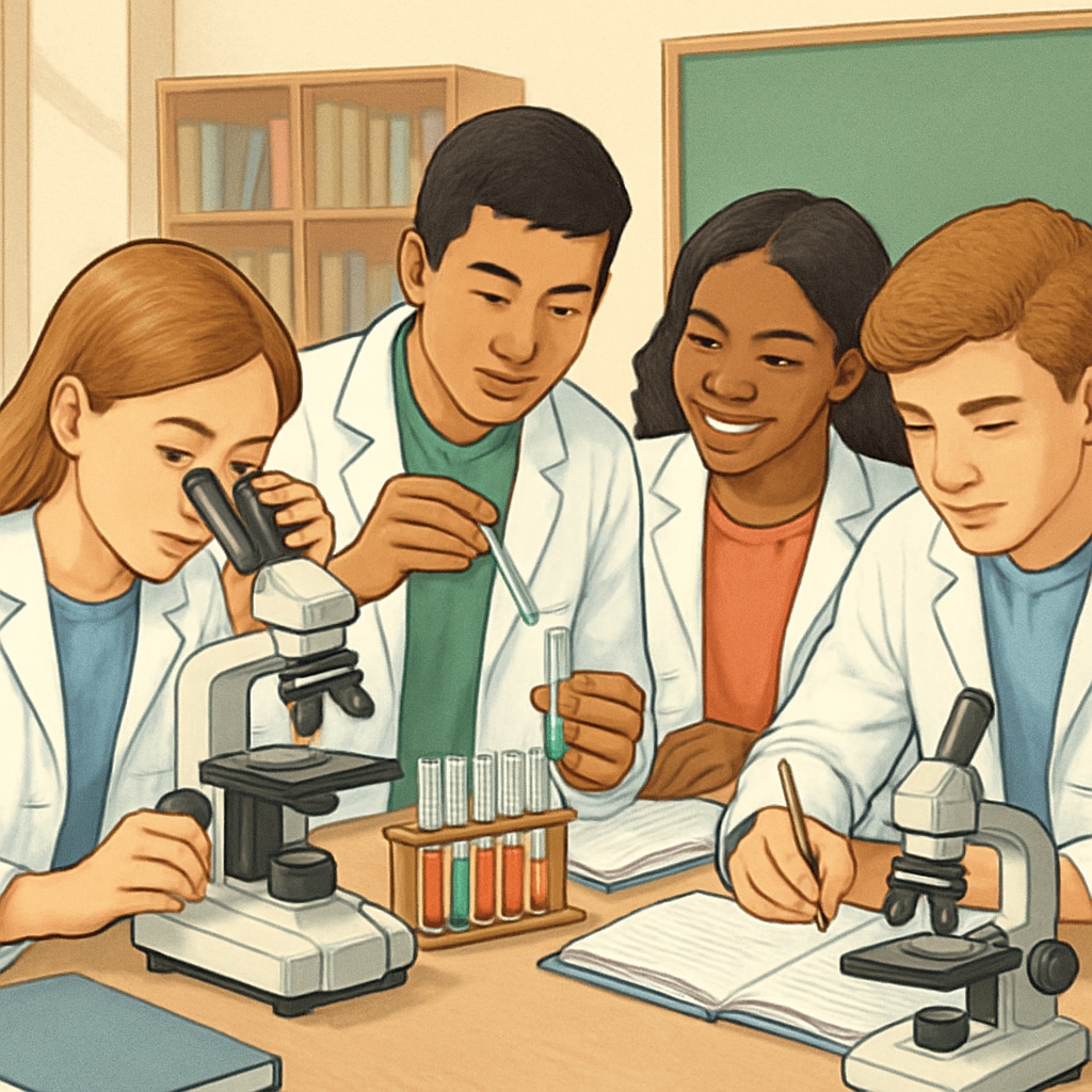 High school students conducting a biology experiment as part of medical career preparation.