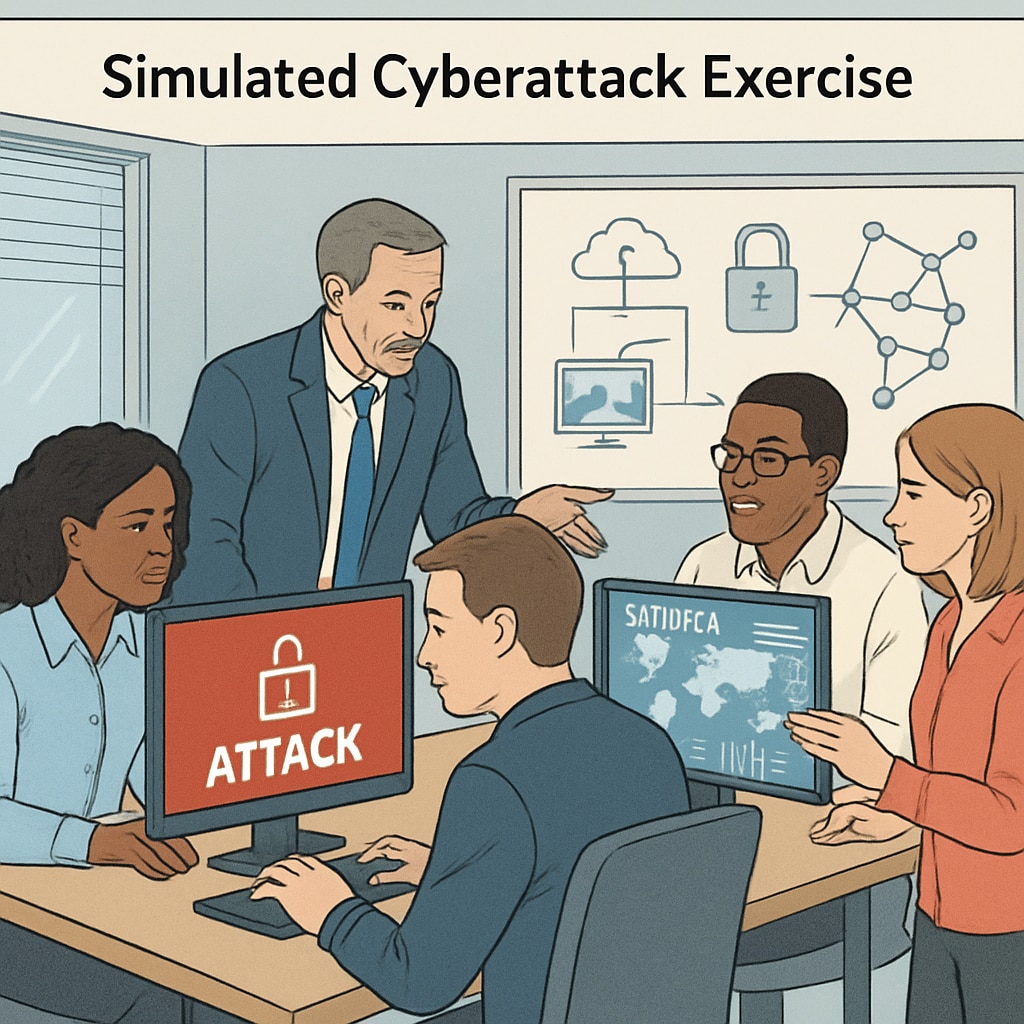 Cybersecurity team collaborating during a simulation.