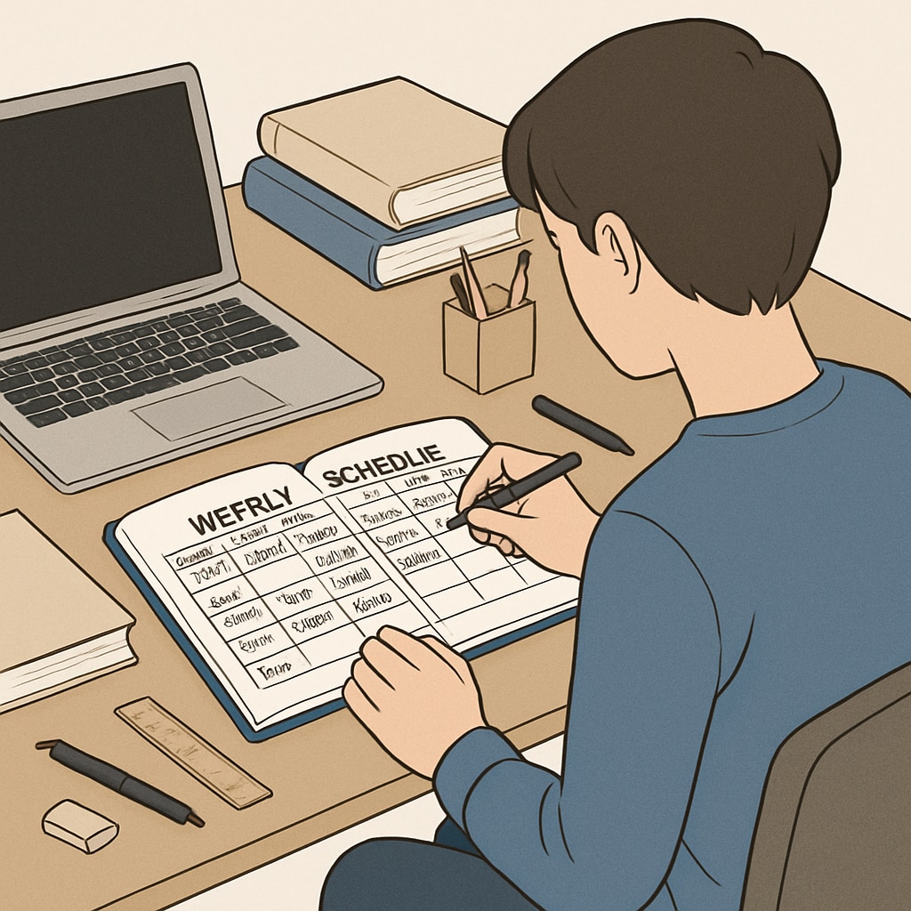 A student using a planner to create a weekly study schedule, with textbooks and a laptop on the table. Organized student creating a study plan to recover high school credits.