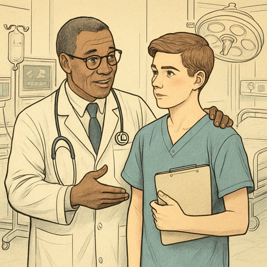Hospital mentorship where a doctor guides a high school student in understanding medical processes.
