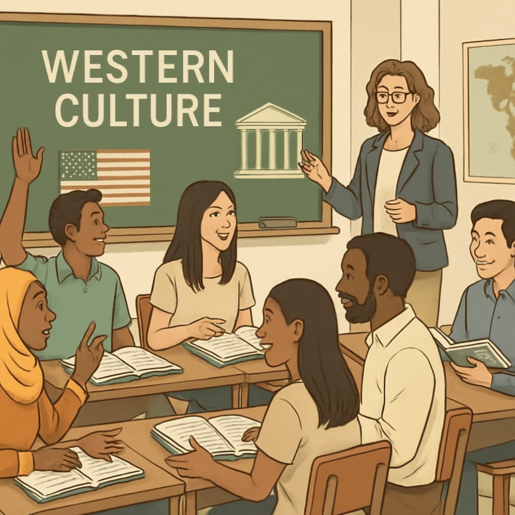 Diverse classroom setting for adult education focused on Western culture.
