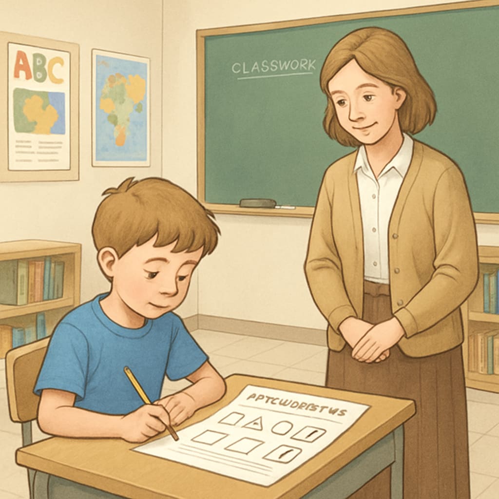 A child taking an intelligence test in a classroom setting, with a teacher observing. Child taking an intelligence test, a key step in identifying gifted children.