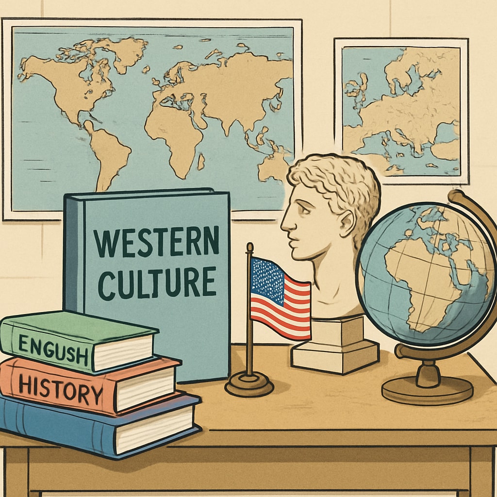 Educational tools like books and maps for teaching Western culture.
