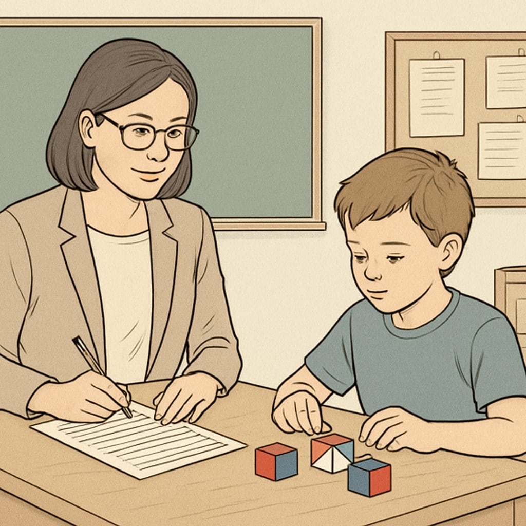 An educational psychologist working with a child during a WISC assessment. Psychologist conducting a WISC assessment to evaluate a child's cognitive abilities.
