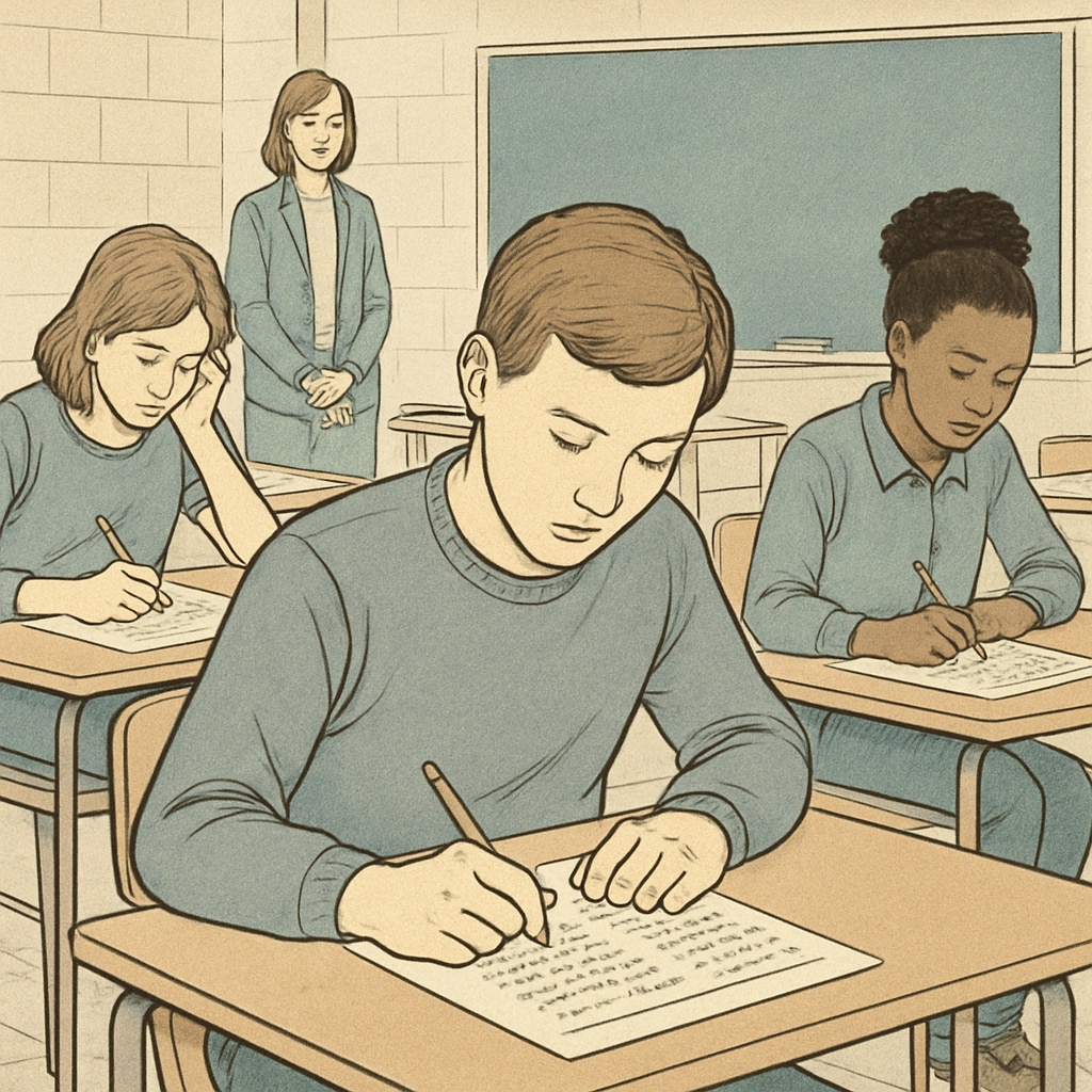 A group of students taking a standardized test, focusing on cognitive ability evaluation in a school environment. Standardized test for cognitive ability evaluation in gifted children.