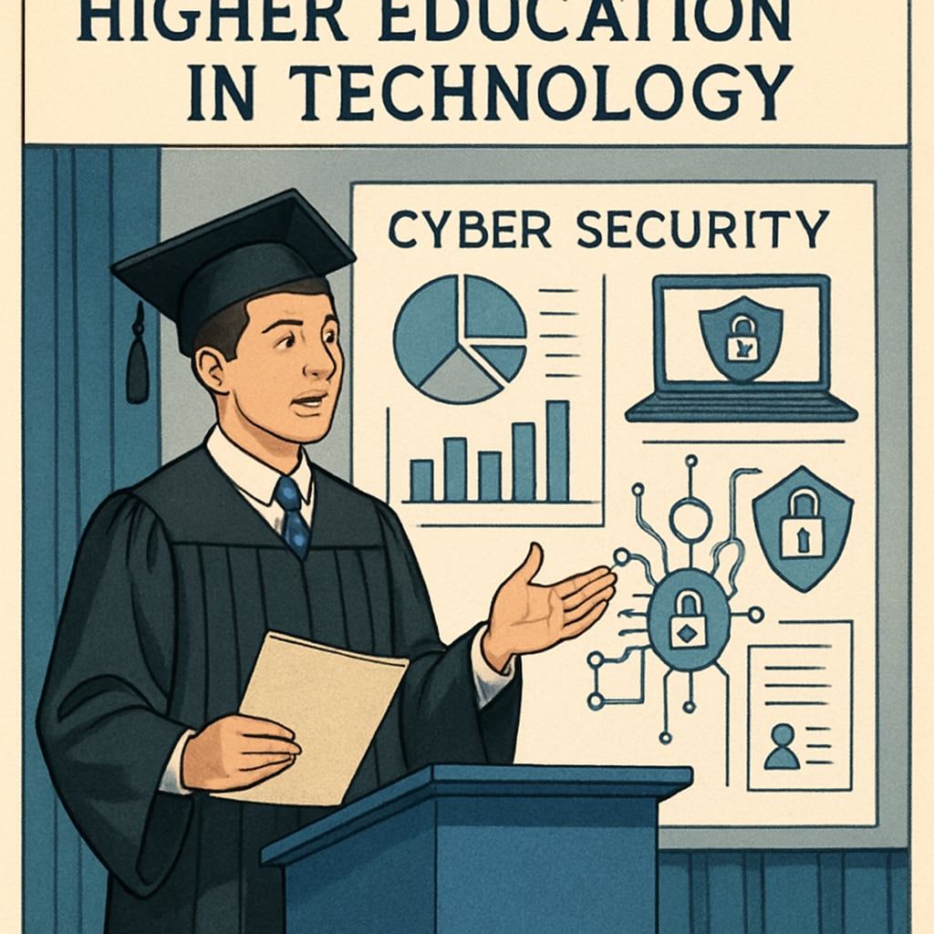 A university graduate showcasing a cybersecurity project at a conference.