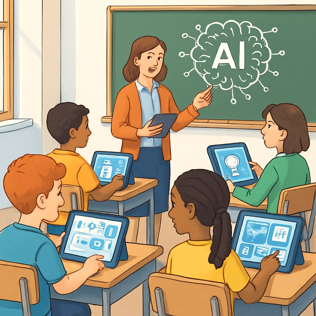 Students using AI-powered educational tools in a K12 classroom.