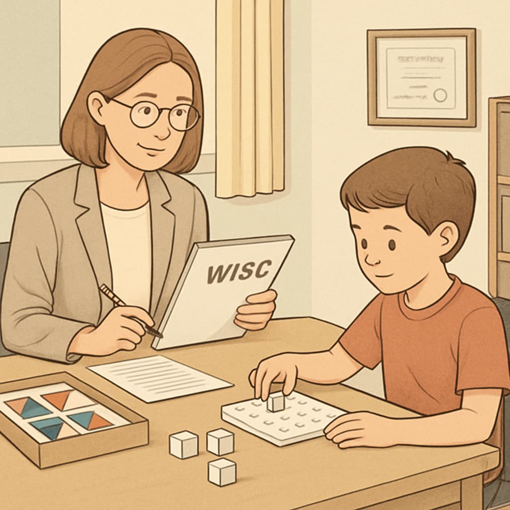 A psychologist administering the WISC test to a child in a quiet and professional setting. WISC test administered to a gifted child by a psychologist.