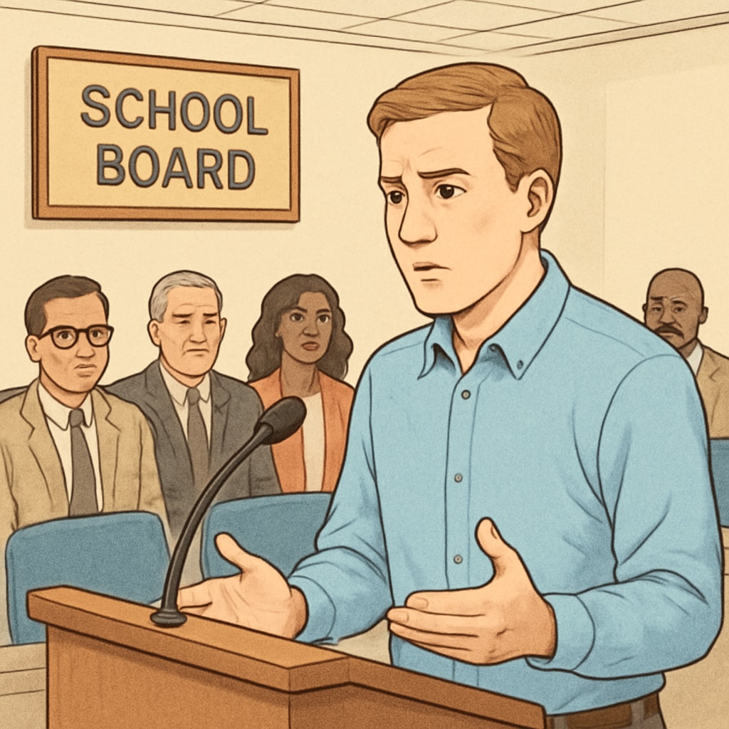 Concerned parent raising ethical issues during a school board meeting.